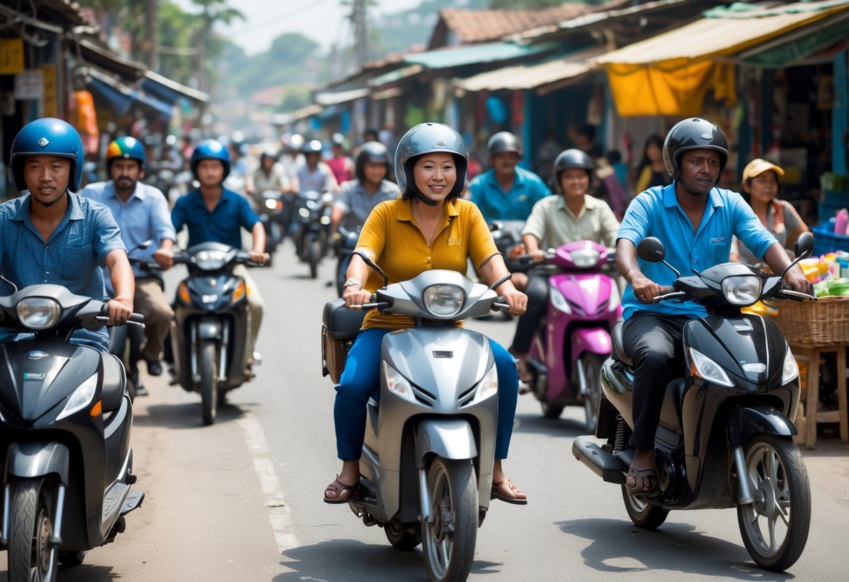 People riding motorcycles on a busy street lined with shops and vendors in a developing country.