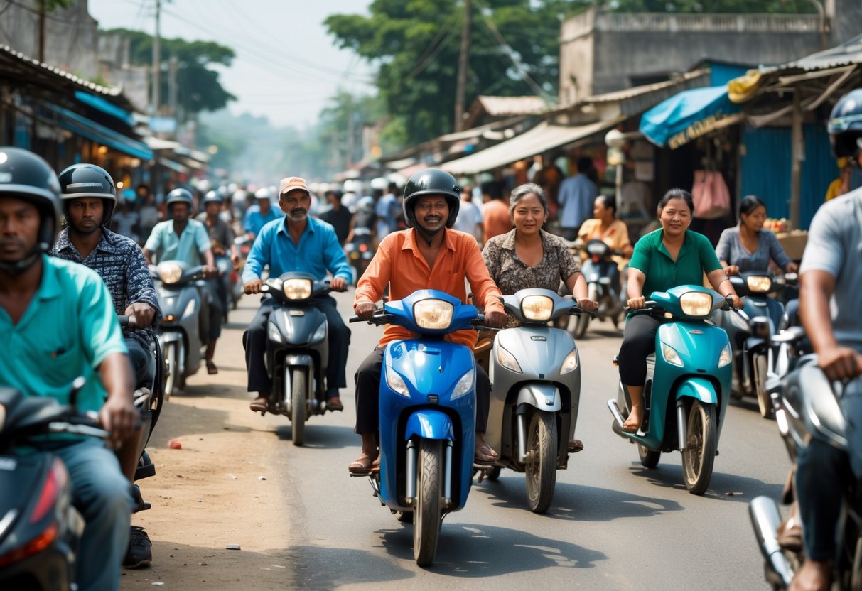People riding motorcycles on a busy street in a developing country with buildings and pedestrians around.