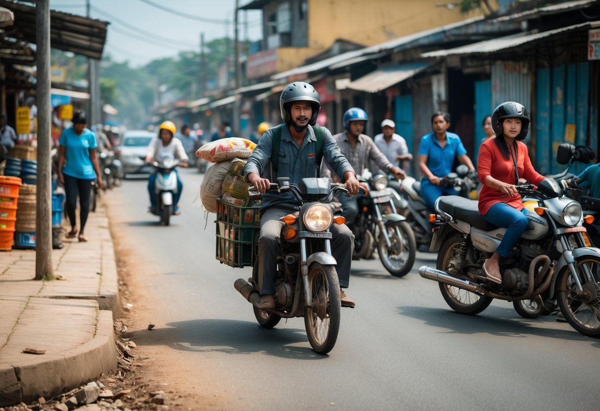 A busy street in a developing country with people riding motorcycles and walking near small shops and buildings.
