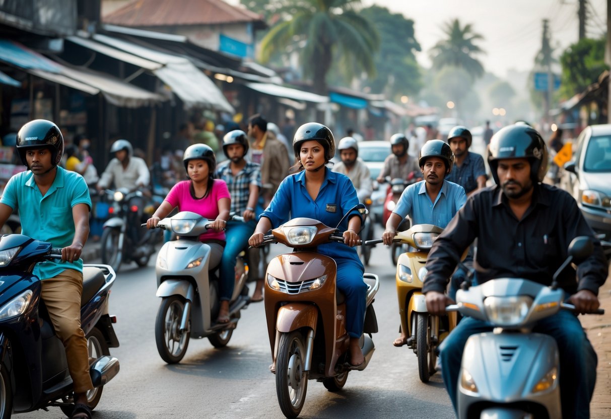 Motorcycles carrying riders on a busy street in a developing country with shops and buildings in the background.