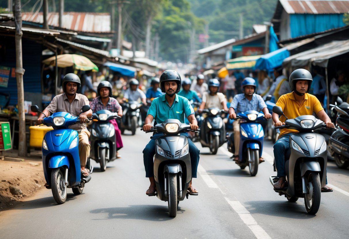 People riding motorcycles on a busy street in a developing country with buildings and street vendors in the background.