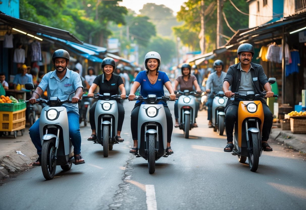 People riding electric motorcycles on a busy city street in a developing country with market stalls and shops in the background.