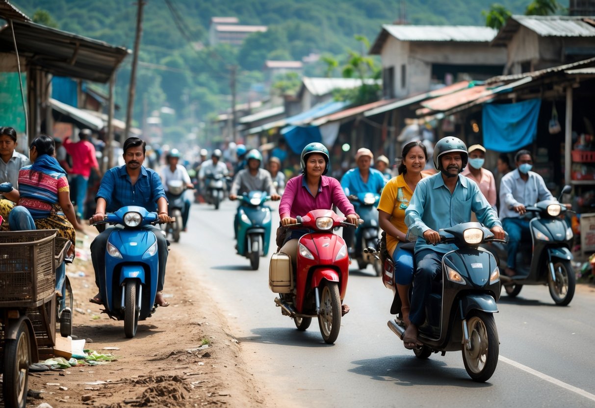 A busy street in a developing country with people riding motorcycles carrying passengers and goods amid modest buildings and street vendors.