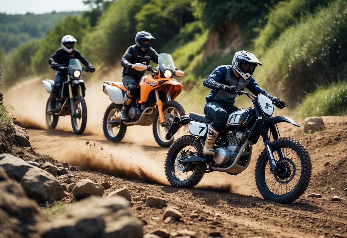 Three off-road motorcycles from different eras displayed outdoors on rugged terrain with dirt and greenery.