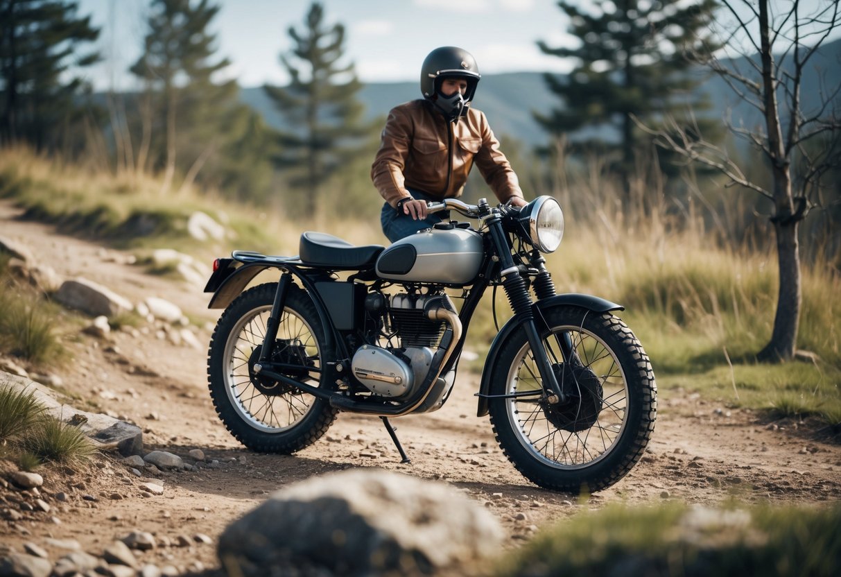 A vintage off-road motorcycle on a dirt trail with a rider in old-fashioned gear preparing for a ride.