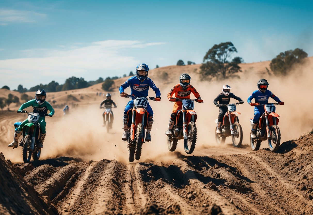 Motocross riders racing over dirt terrain with motorcycles jumping and dust rising under a clear sky.