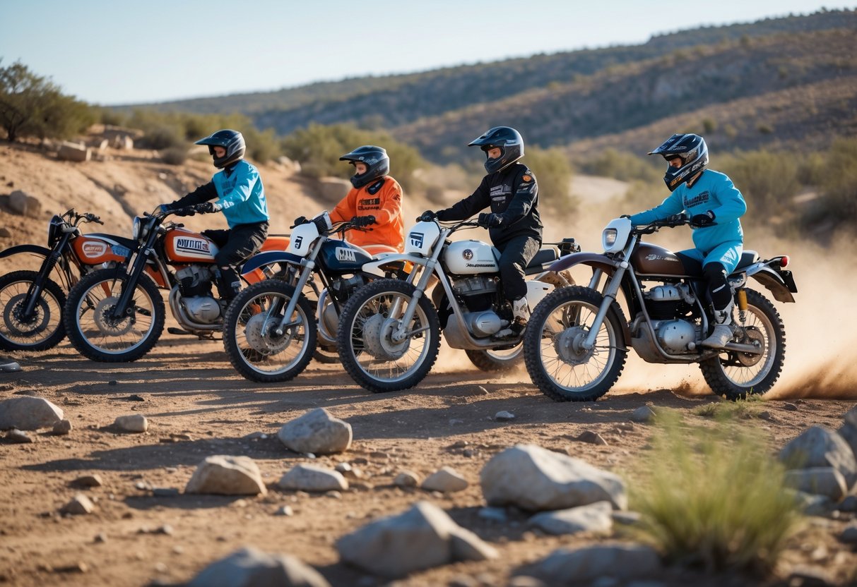 Several off-road motorcycles from different eras lined up on rugged dirt terrain with riders preparing to ride in a natural outdoor setting.