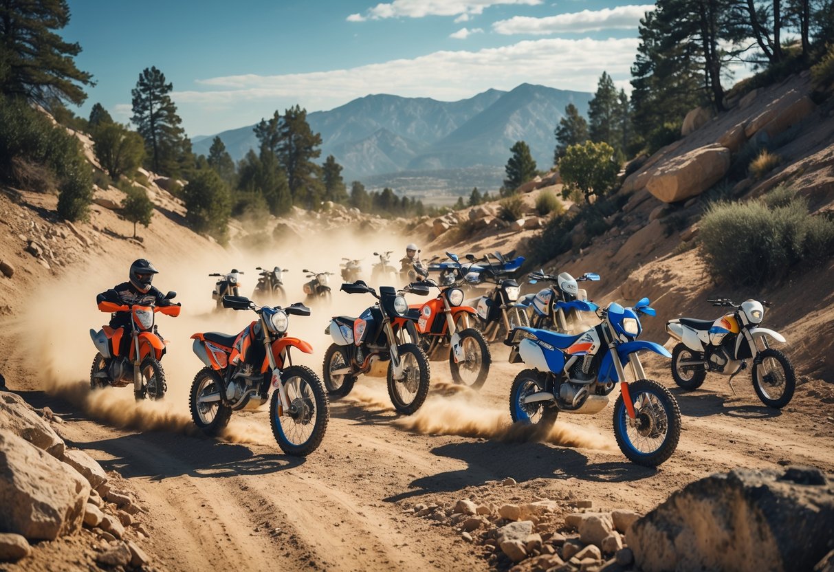 A lineup of classic and modern off-road motorcycles on a dirt trail with mountains and trees in the background.
