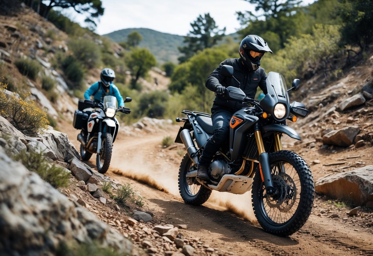Two motorcyclists on a rugged outdoor trail, one on a vintage off-road bike and the other on a modern adventure motorcycle, surrounded by trees and rocky terrain.