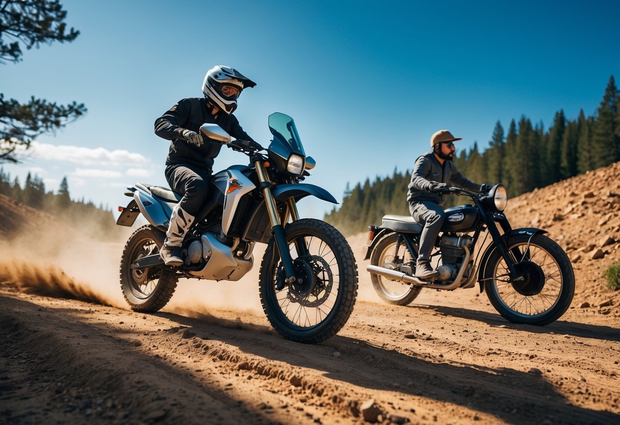A modern off-road motorcycle riding on a dirt trail in a forest with a vintage off-road motorcycle in the background.