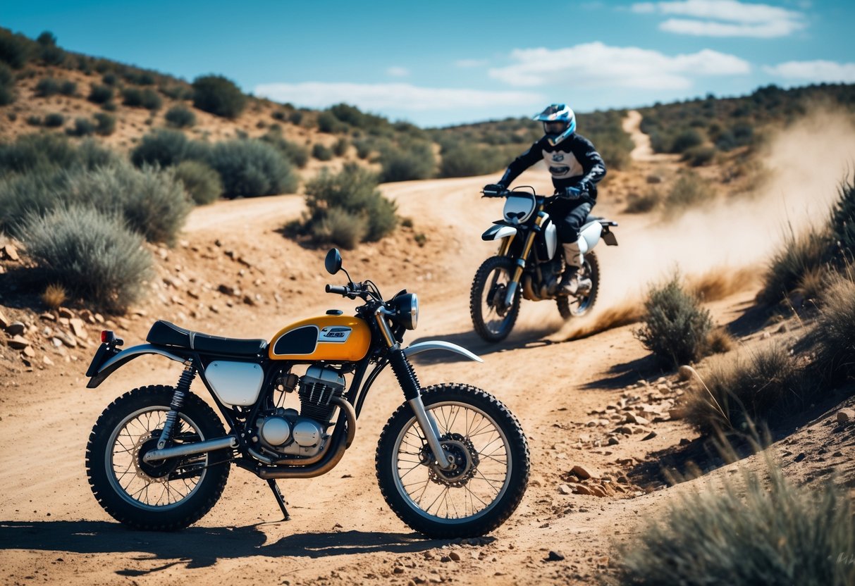 A vintage off-road motorcycle next to a modern off-road motorcycle on a dirt trail surrounded by rocks and vegetation.