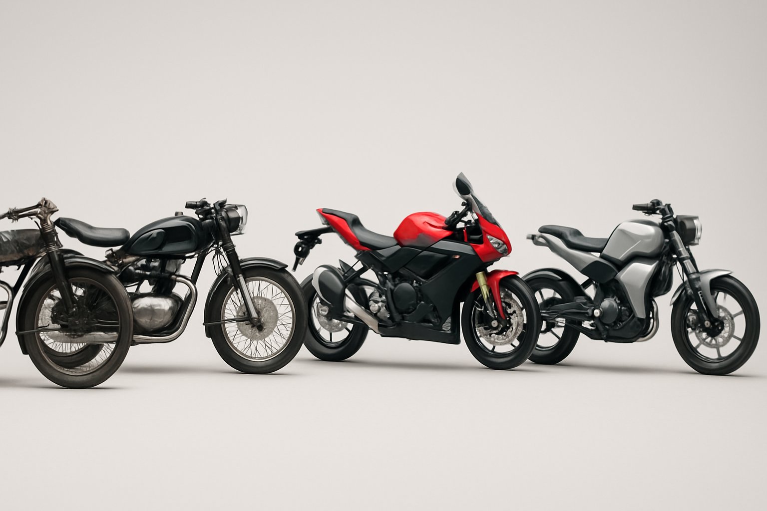 Four motorcycles arranged from left to right showing the progression of suspension systems from early rigid frames to modern advanced suspensions.