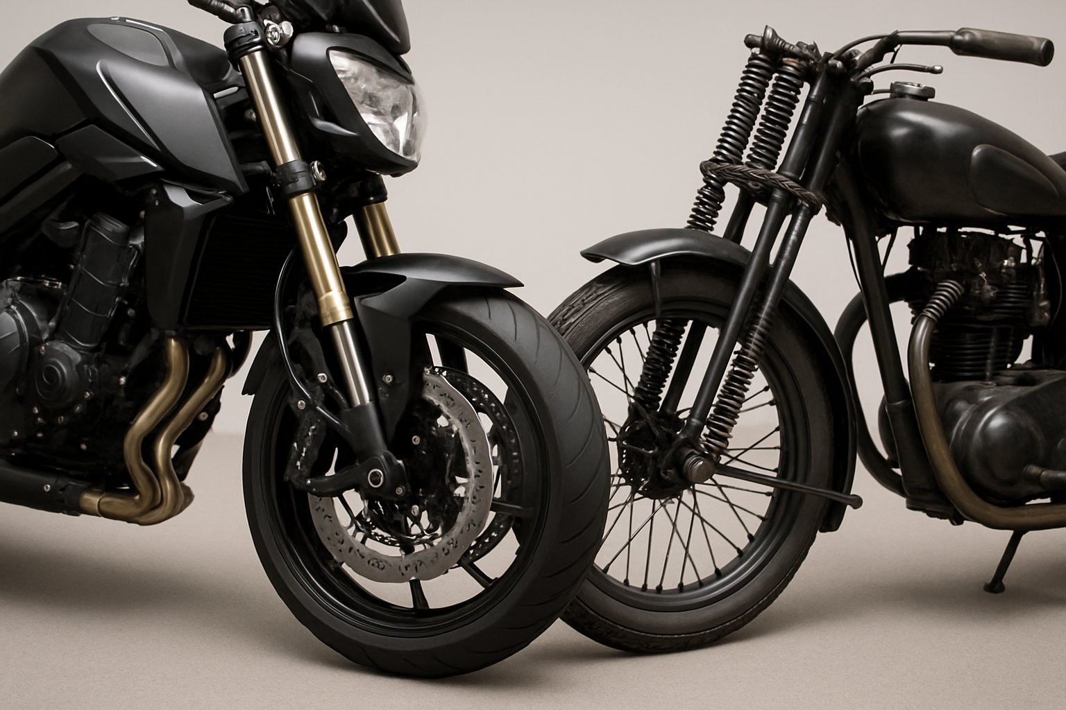 Two motorcycles side by side showing different suspension systems, one modern and one vintage, highlighting their mechanical parts.