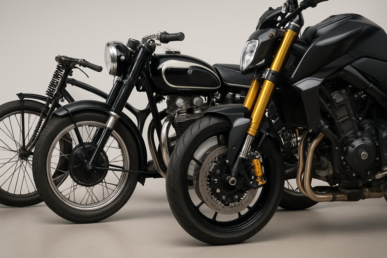 A lineup of motorcycles from different eras showing the development of suspension systems, displayed in a clean studio setting.