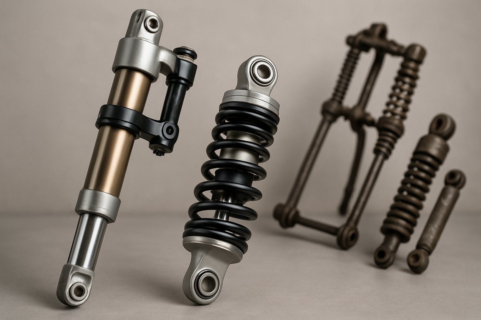 Close-up view of modern and vintage motorcycle suspension components displayed together on a clean surface.
