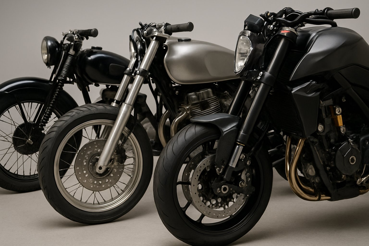 Three motorcycles from different eras displayed side by side, highlighting their suspension systems and components.
