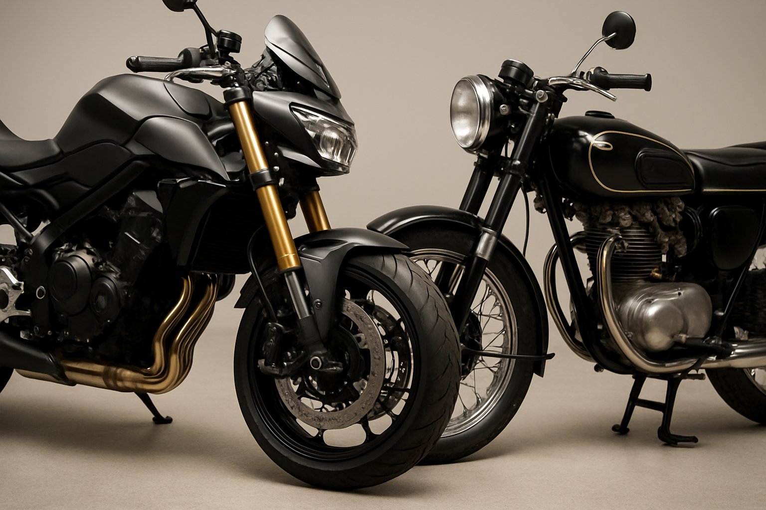 Two motorcycles side by side showing different suspension systems, one modern and one vintage, in a well-lit studio setting.
