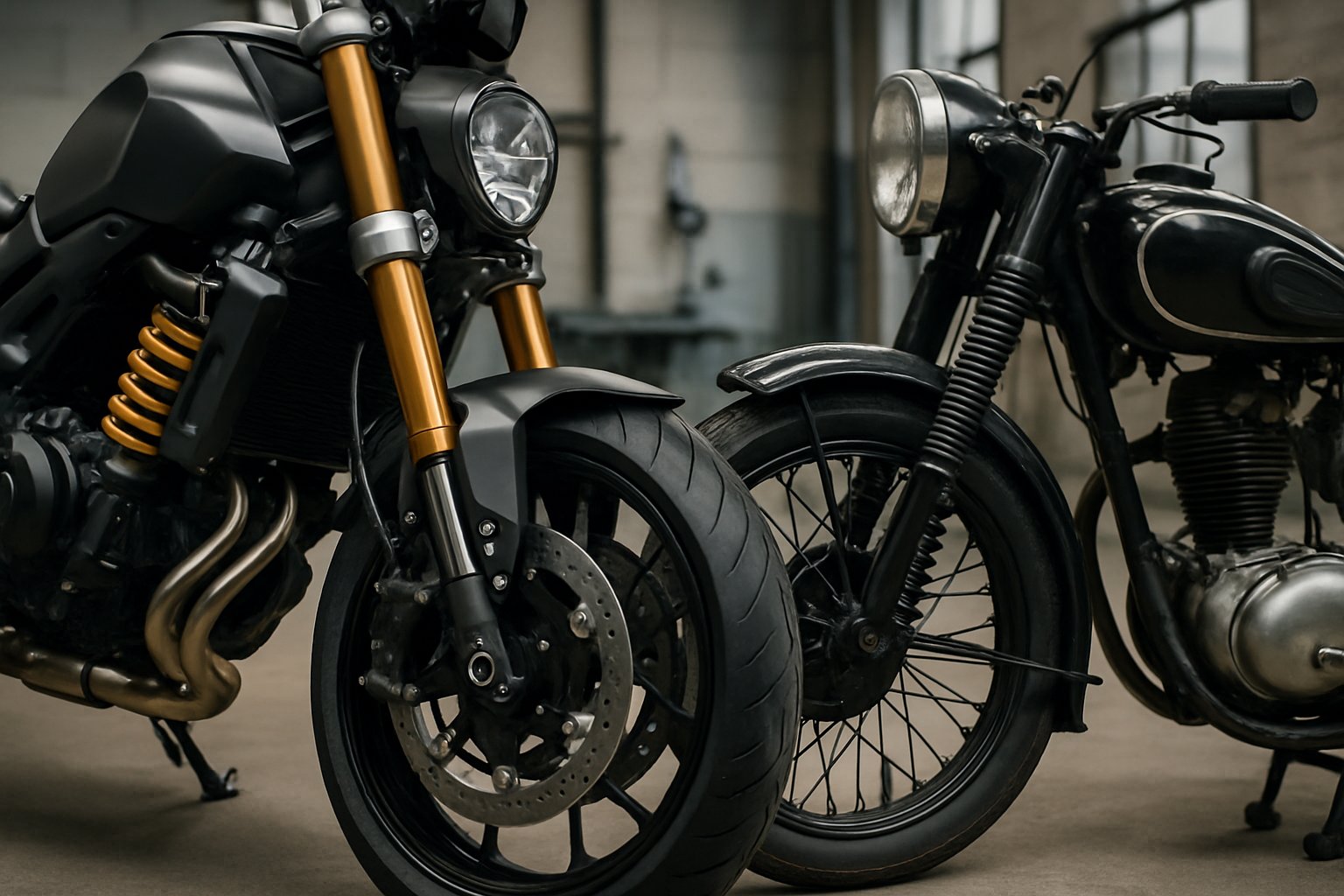 A modern motorcycle and a vintage motorcycle side by side, highlighting their suspension systems in a workshop setting.