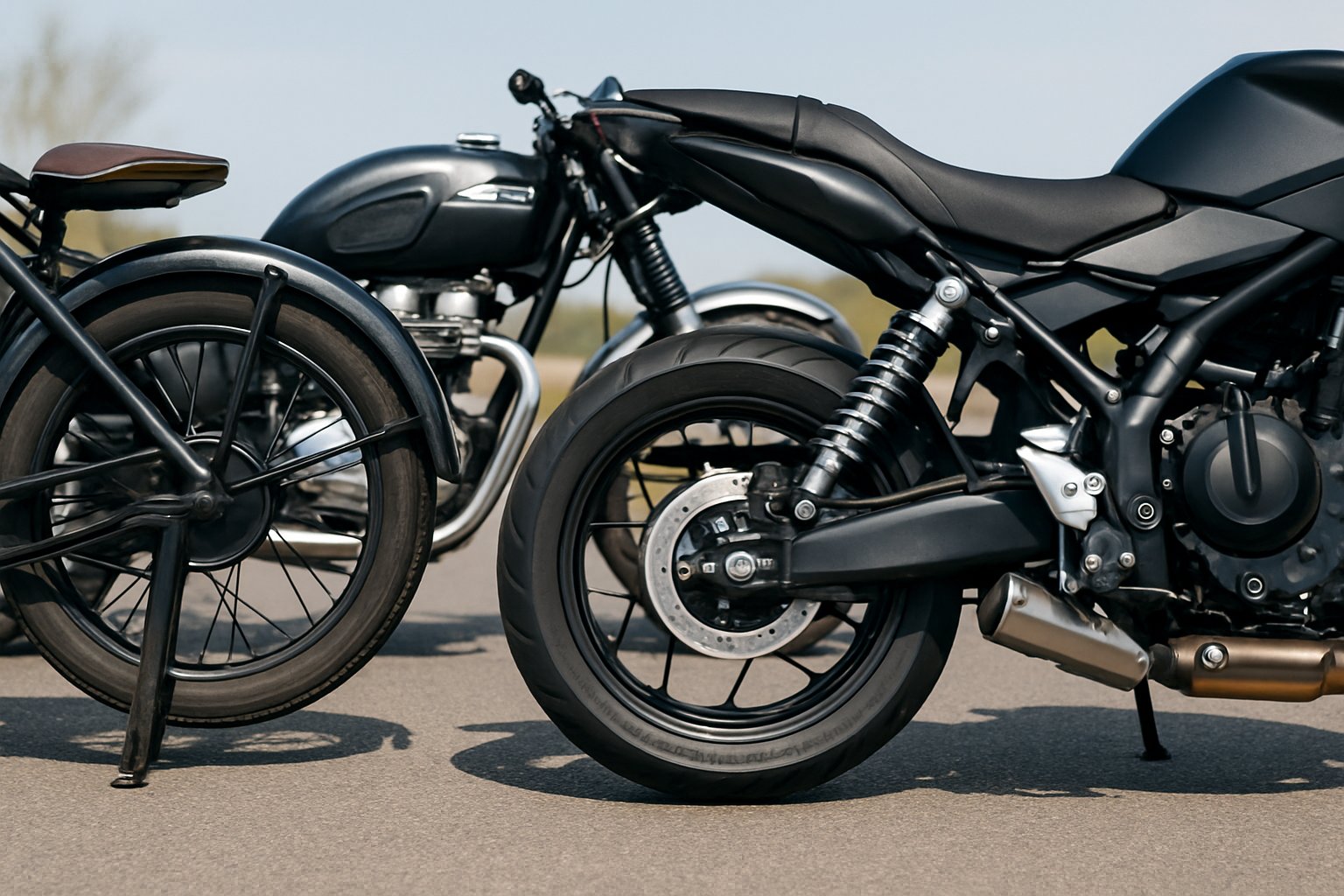 Three motorcycles from different eras lined up outdoors, showing their suspension systems.