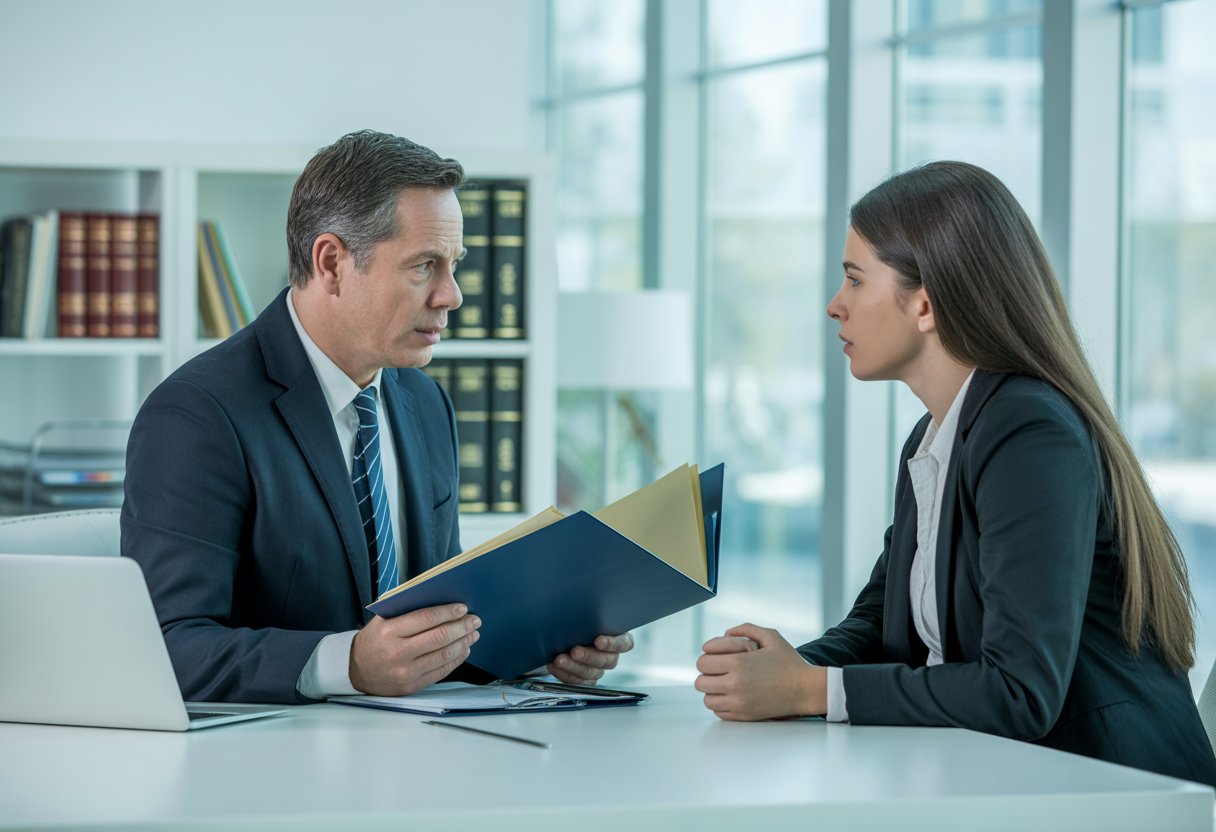 Een werkgever en werknemer zitten tegenover elkaar aan een bureau in een kantoor, in een serieus gesprek.