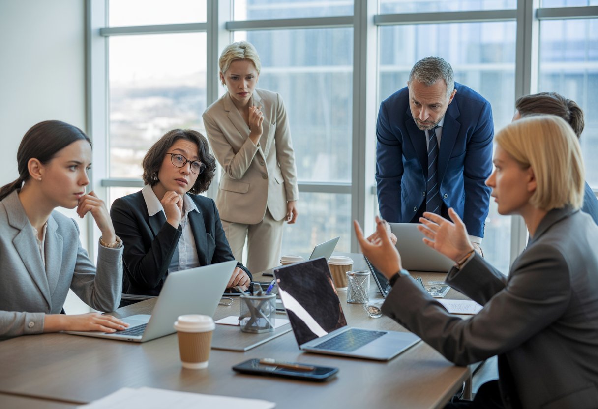 Een groep werknemers en een manager hebben een serieus gesprek aan een vergadertafel in een kantooromgeving.