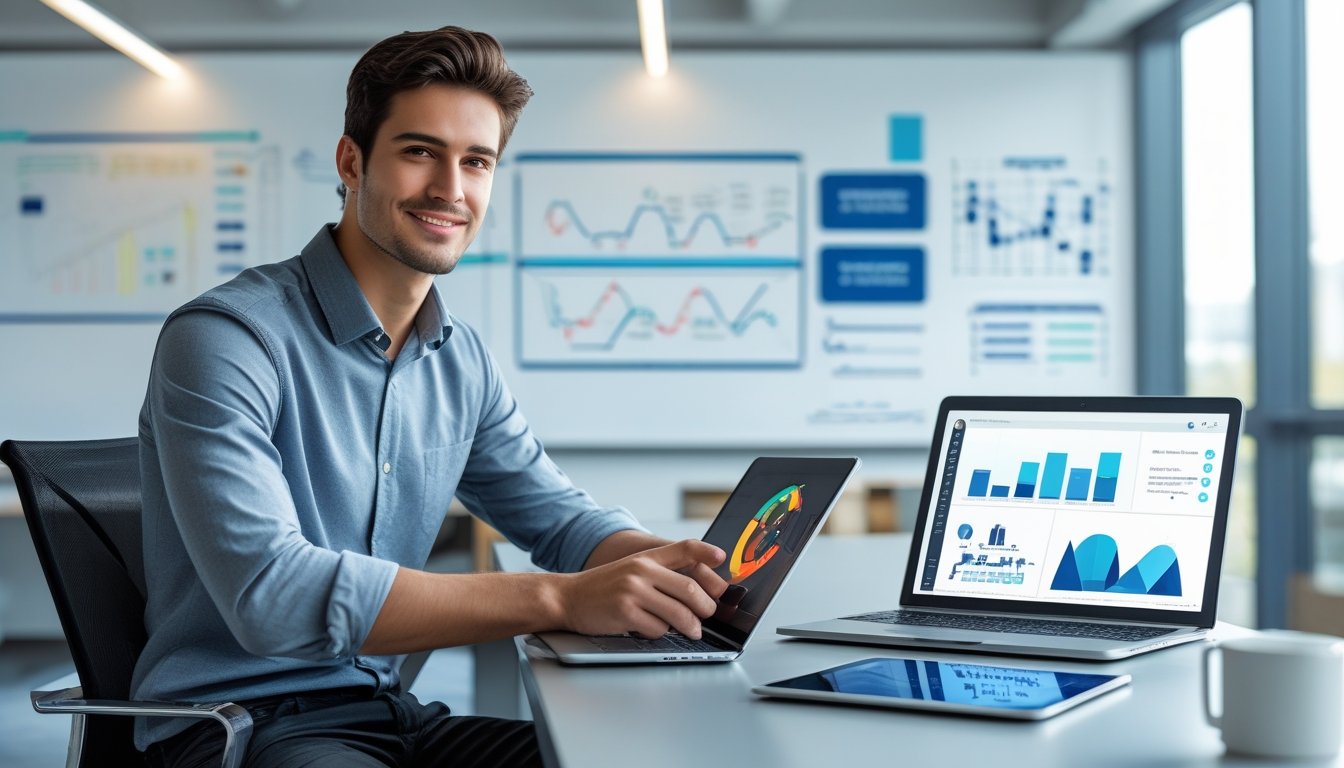 A young male entrepreneur working at a desk with digital devices in a bright modern office. A young male entrepreneur working at a desk with digital devices in a bright modern office.