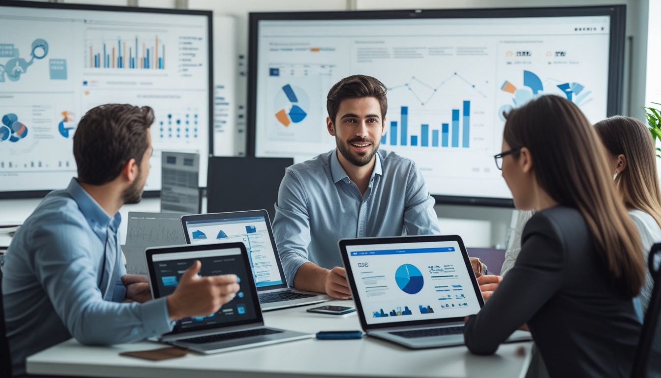 A young male entrepreneur in a modern office discussing SaaS applications with colleagues, with laptops and charts visible. A young male entrepreneur in a modern office discussing SaaS applications with colleagues, with laptops and charts visible.