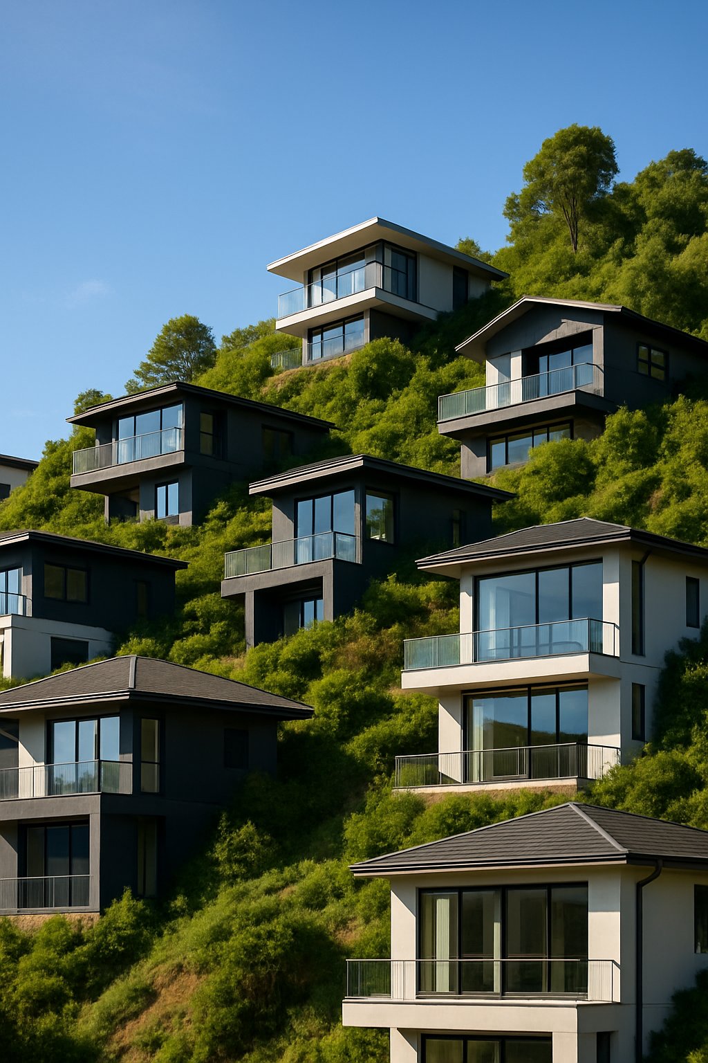 Modern houses built on a steep green hillside under a clear blue sky.