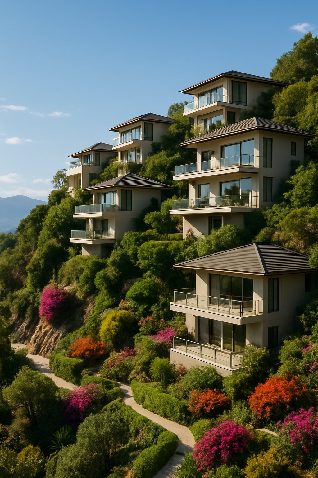 Houses built on a steep hillside surrounded by greenery and flowers under a clear blue sky.