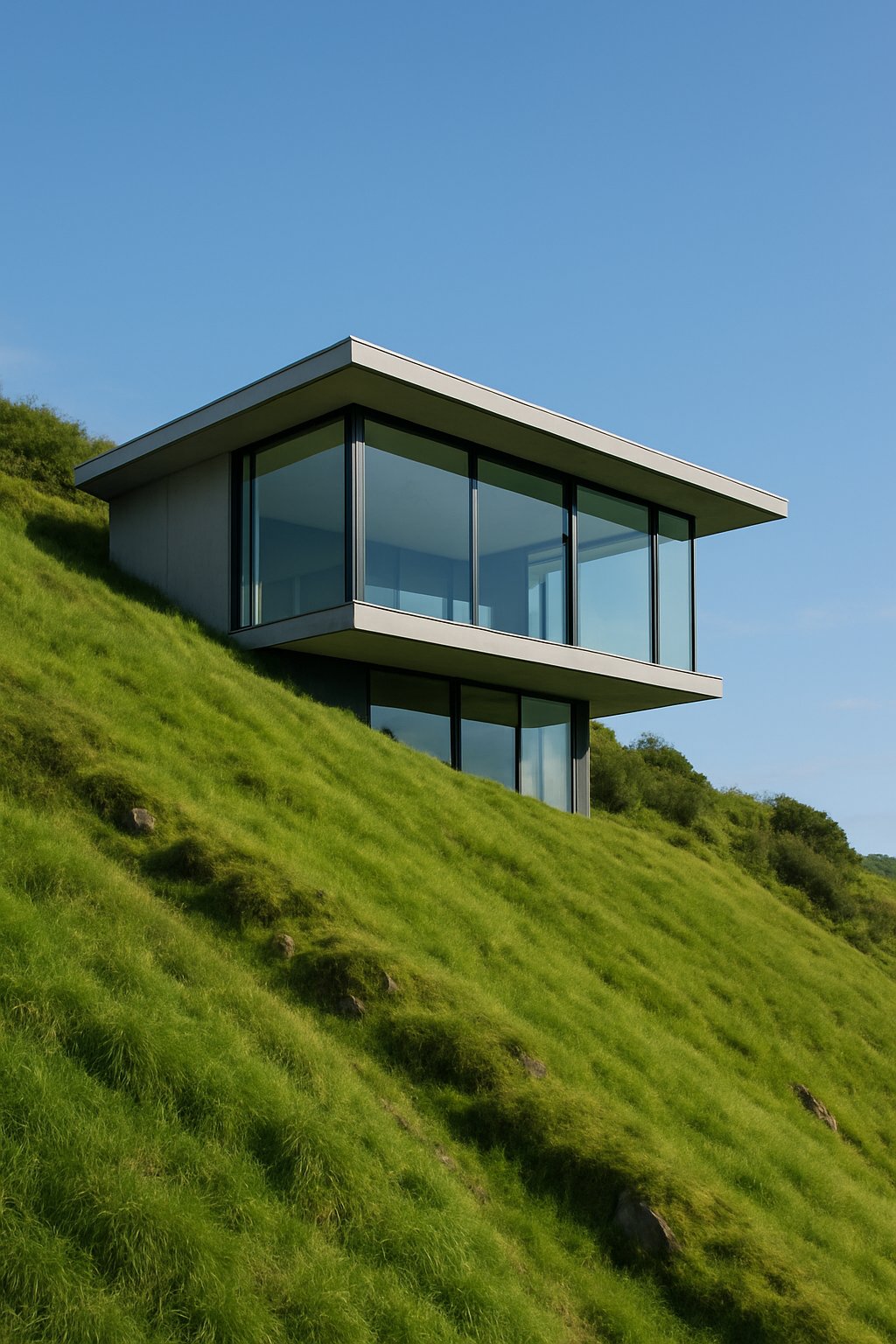 A modern house with large glass windows situated on a steep grassy hillside under a clear sky.