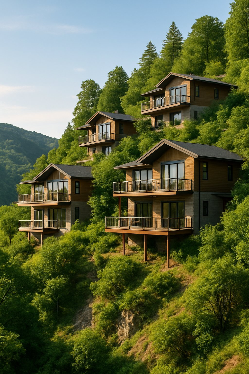 Houses built on a steep hillside surrounded by trees and greenery overlooking a valley.