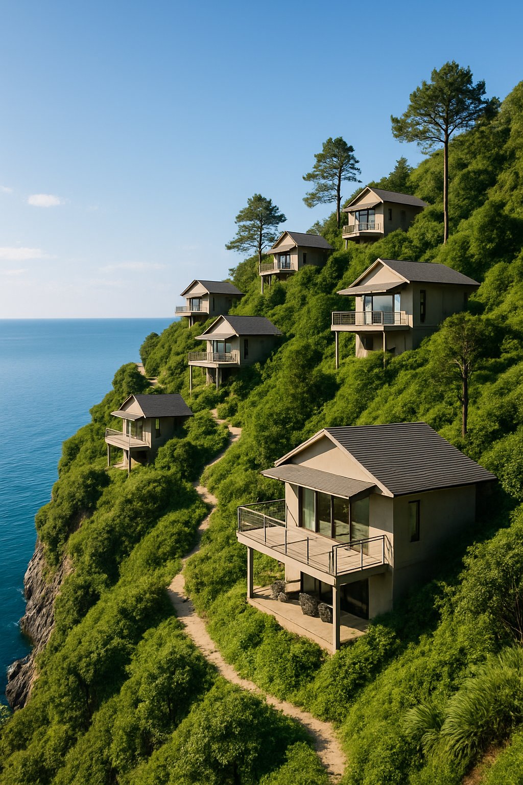 Steep hillside houses overlooking a calm body of water surrounded by greenery.