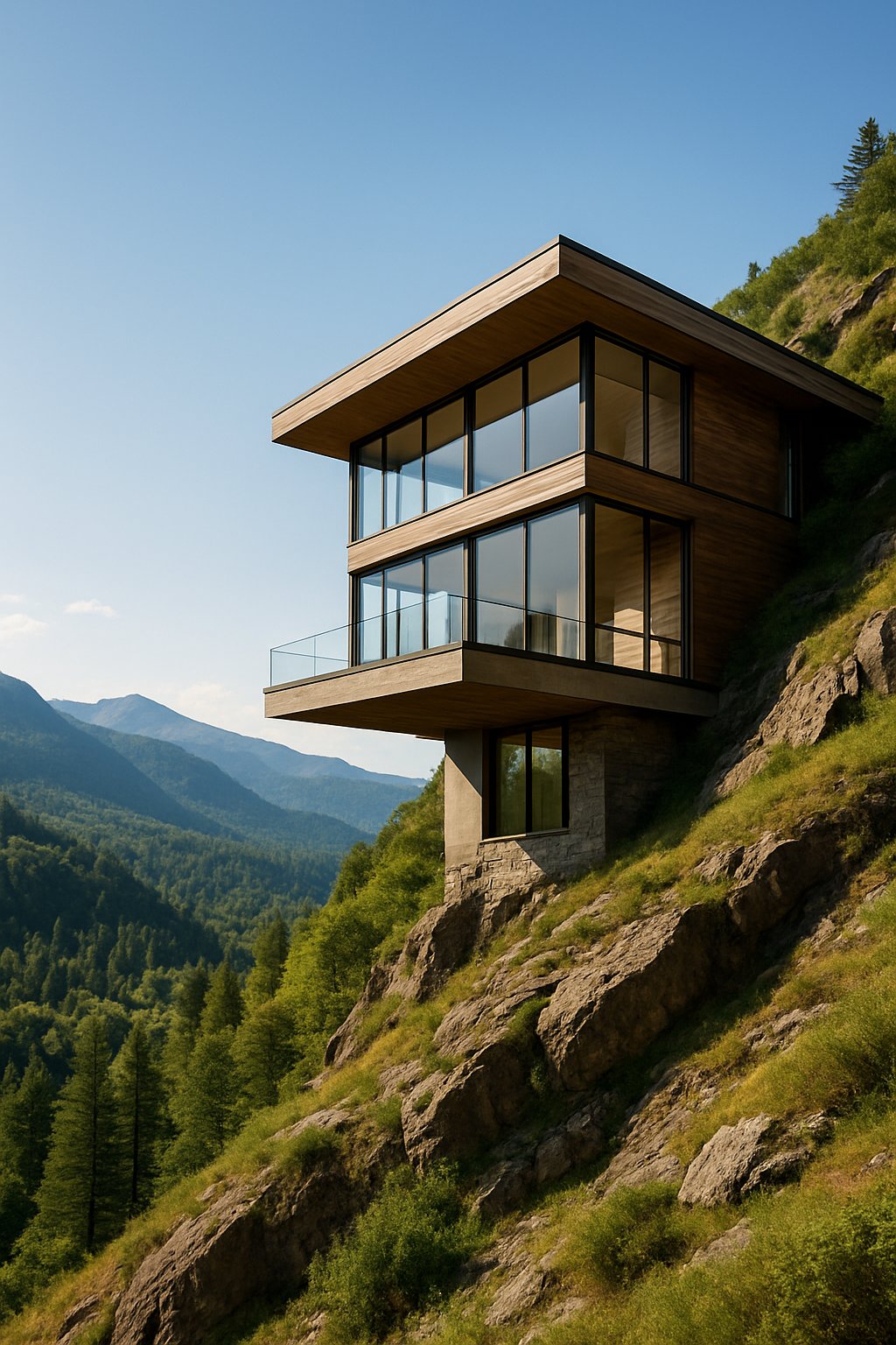 A modern house perched on a steep hillside overlooking a green valley and distant mountains under a clear sky.