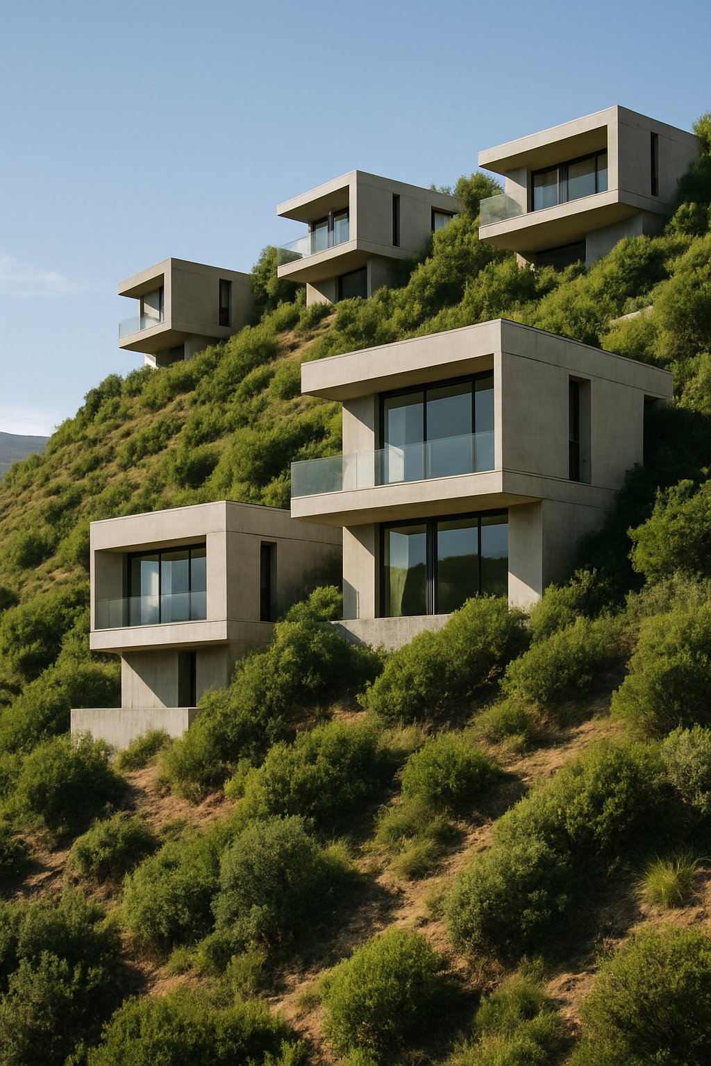 Modern concrete houses situated on a steep hillside surrounded by greenery with expansive valley views.