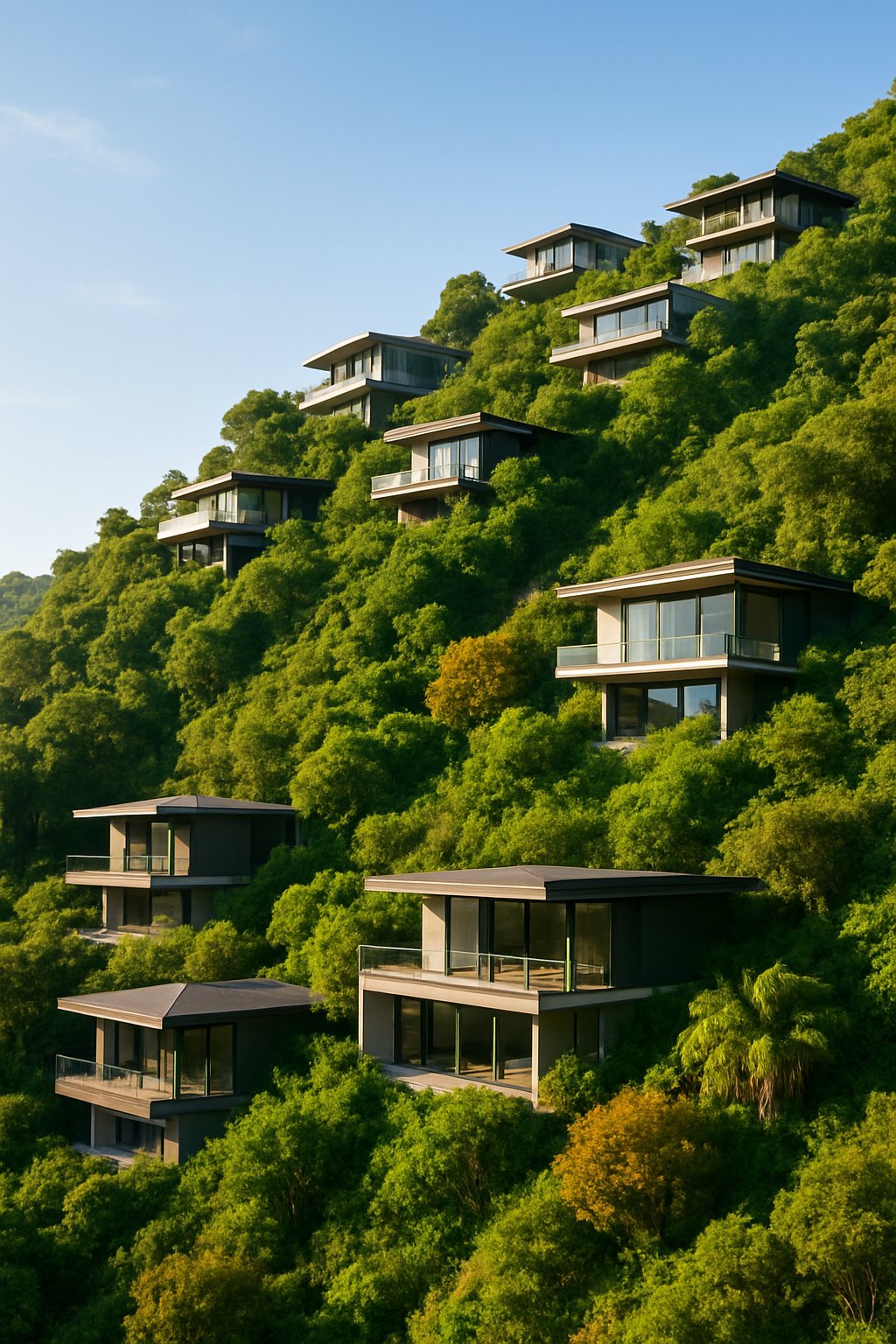 Steep hillside houses surrounded by greenery under a clear sky.