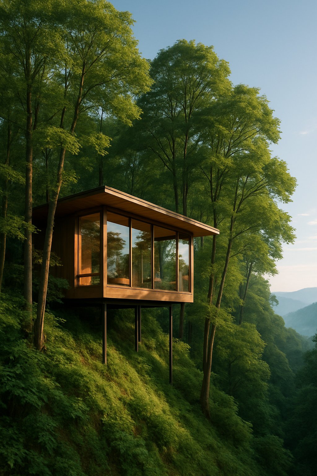 A villa surrounded by tall trees on a steep hillside with greenery and a clear blue sky.