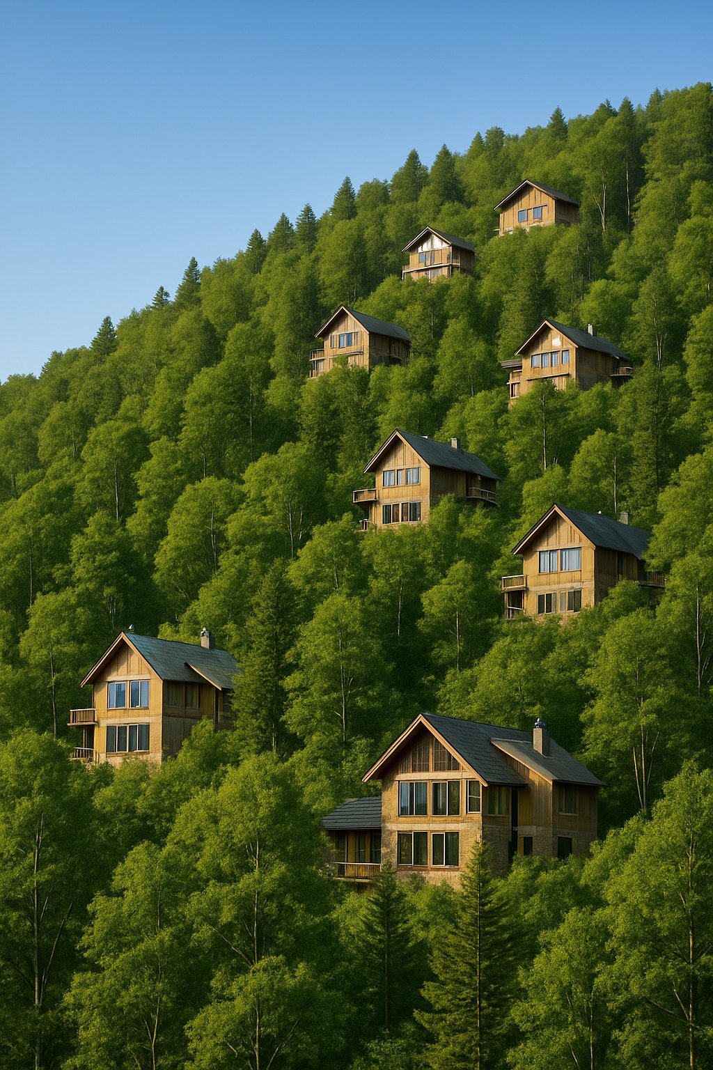 Steep hillside with modern houses nestled among dense green woodland under a clear blue sky.