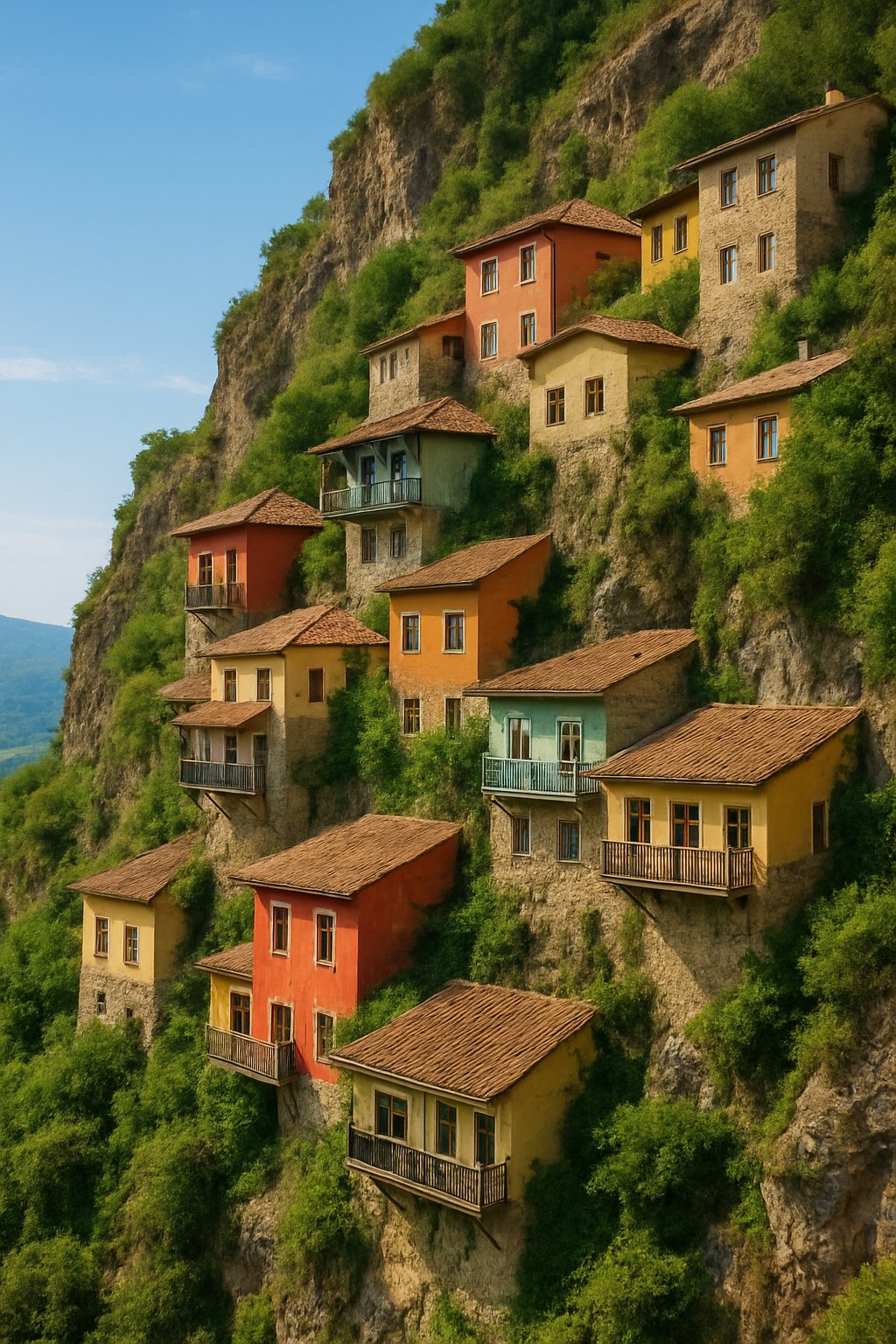 A steep hillside covered with colorful houses built closely together among green plants and rocky cliffs.