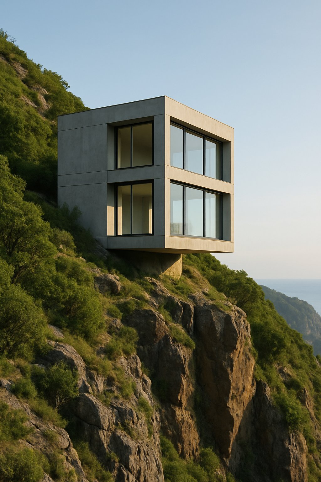 A modern cube-shaped house situated on a steep hillside cliff overlooking a valley with greenery and rocky terrain.