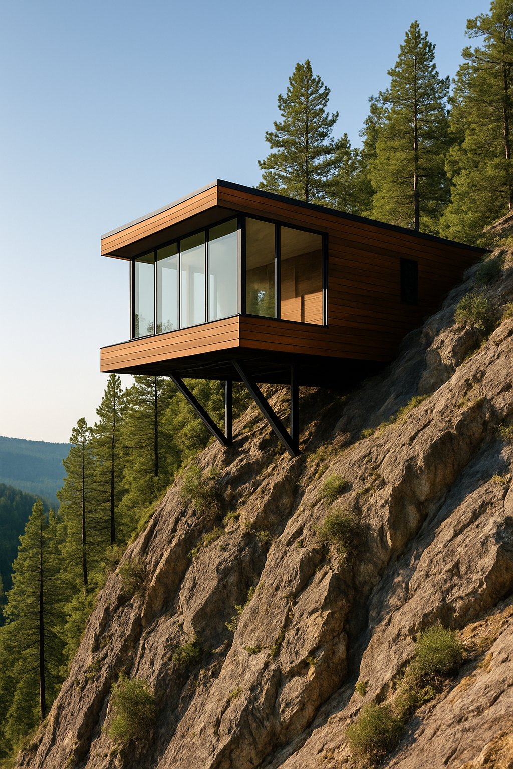 A modern cabin extending over a steep rocky hillside surrounded by pine trees.