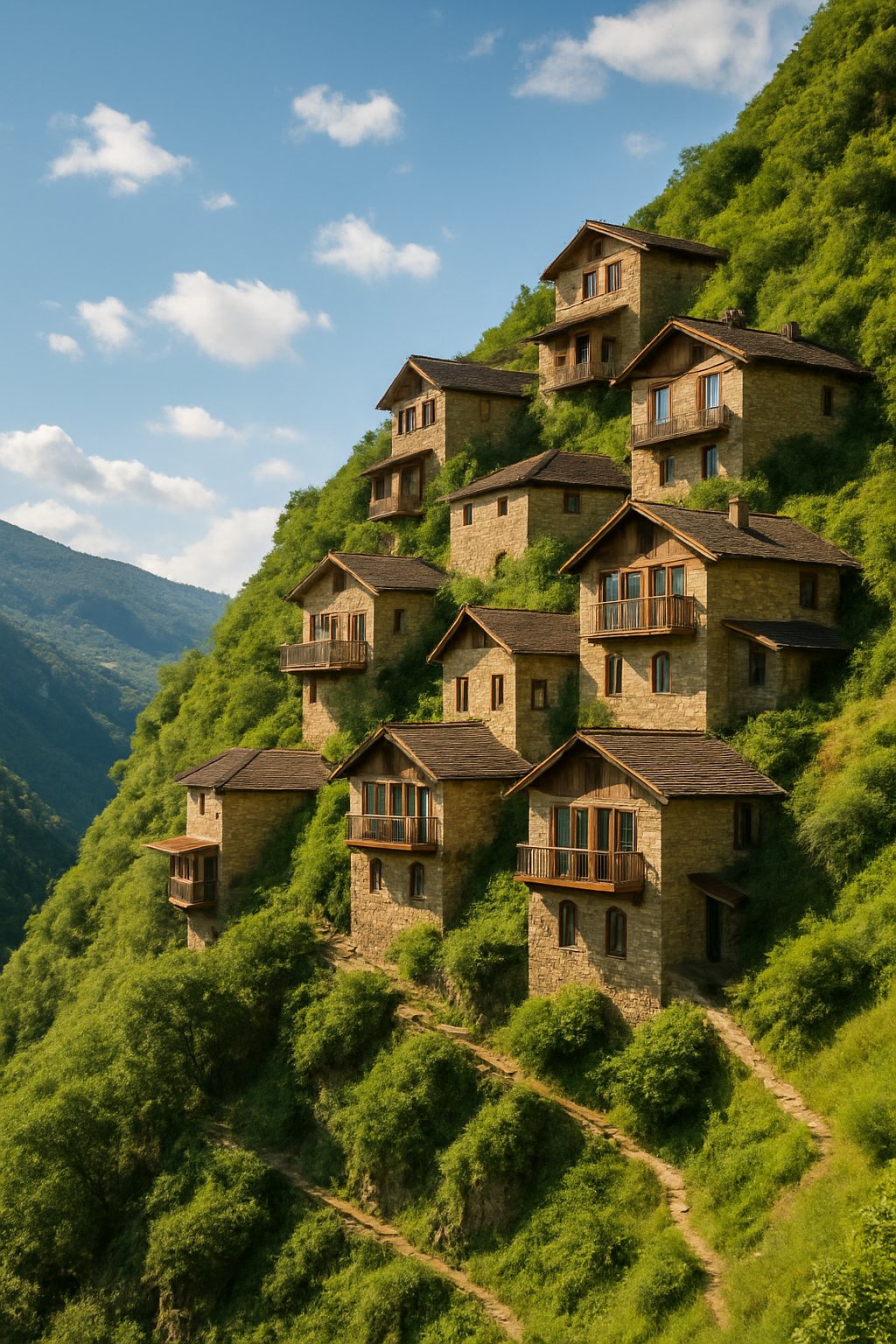Cluster of houses built on a steep green hillside overlooking a valley under a clear sky.