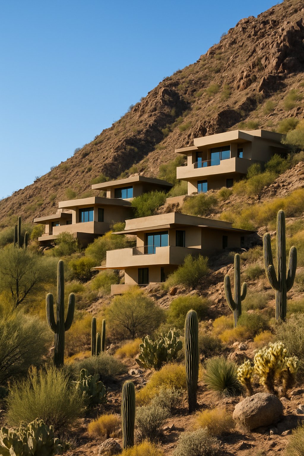 Steep hillside houses nestled in a desert landscape with various cacti and clear blue sky.