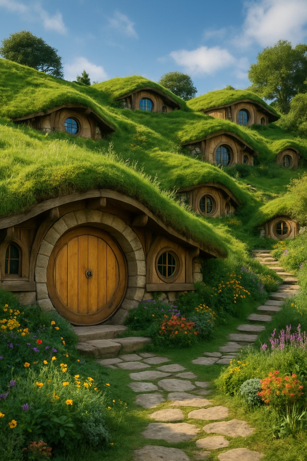 A group of hillside houses built into a green slope with wooden doors, mossy roofs, stone paths, and surrounding plants under a blue sky.