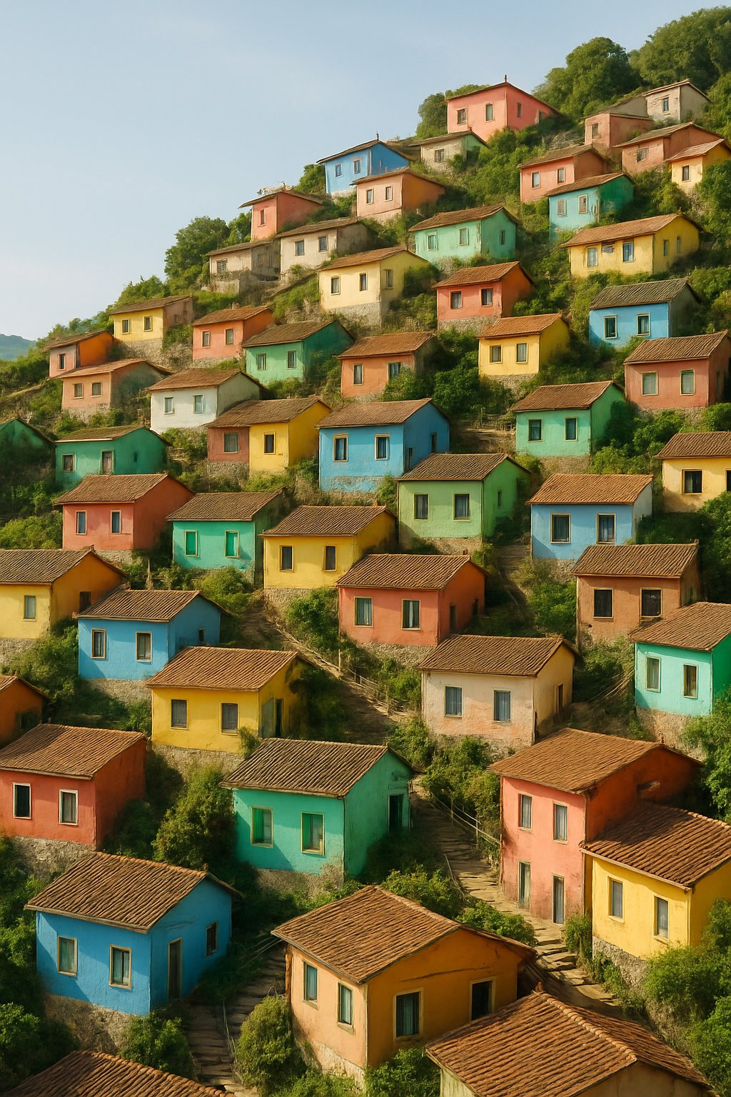 Colorful houses built closely together on a steep hillside with greenery and clear sky.