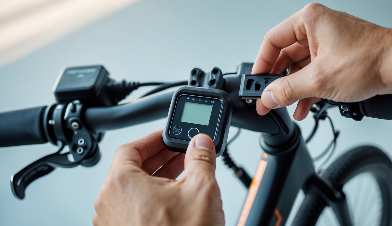 A person adjusting the control panel of an electric bike, focusing on the speed limiter components.