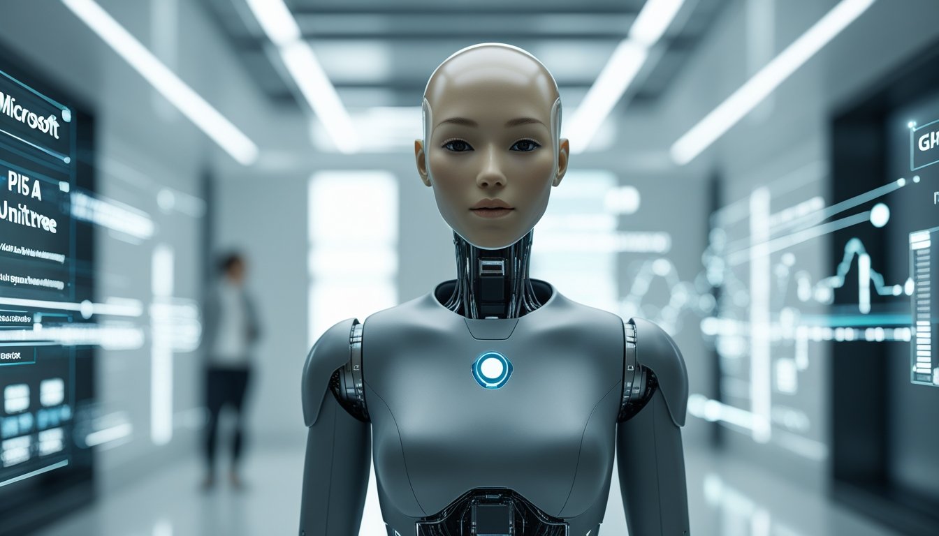 A lifelike humanoid robot with synthetic skin standing in a modern high-tech lab with glowing digital interfaces around it. A lifelike humanoid robot with synthetic skin standing in a modern high-tech lab with glowing digital interfaces around it.