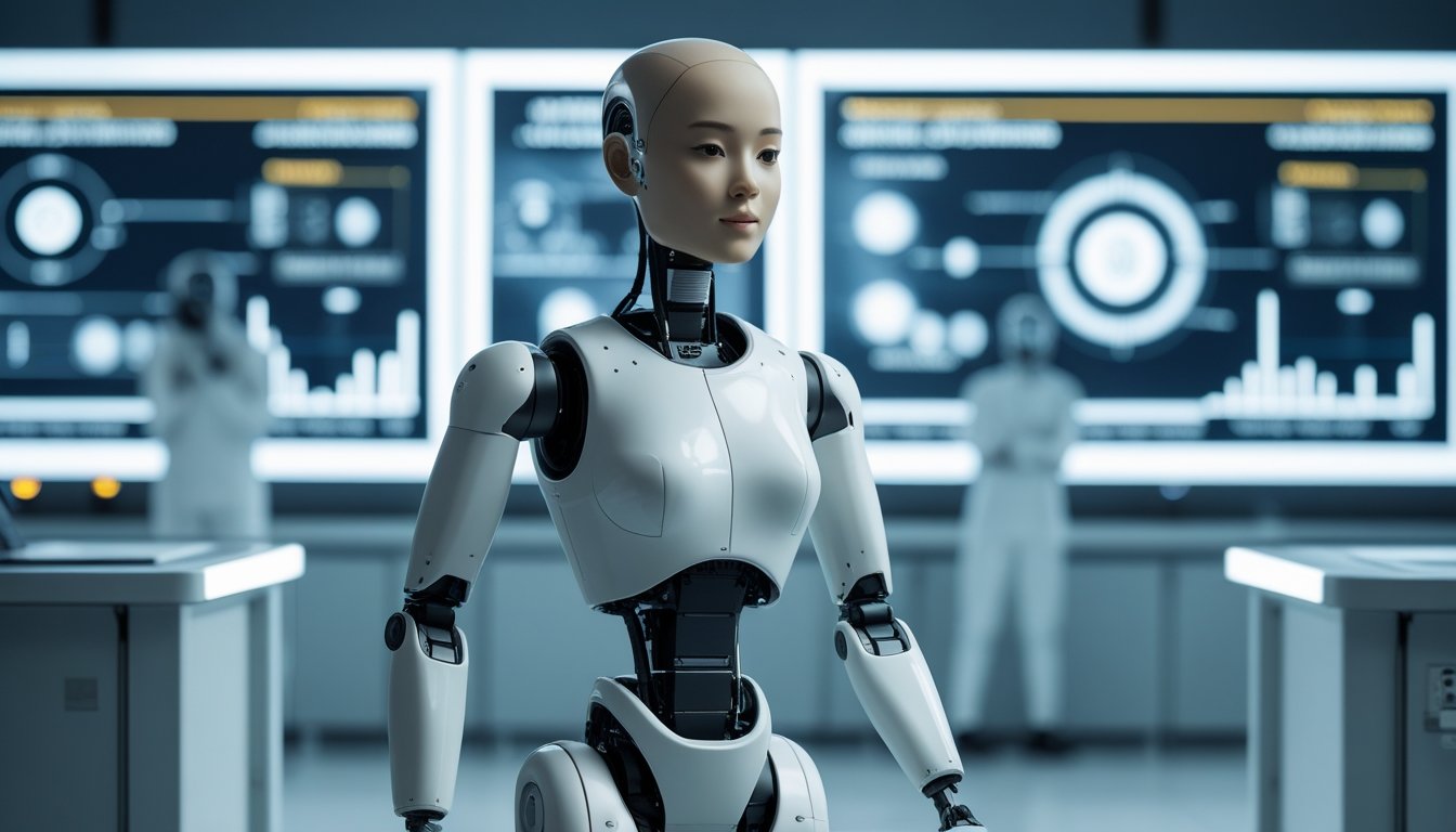 A lifelike synthetic-skin robot standing in a high-tech laboratory with digital screens displaying futuristic data in the background. A lifelike synthetic-skin robot standing in a high-tech laboratory with digital screens displaying futuristic data in the background.