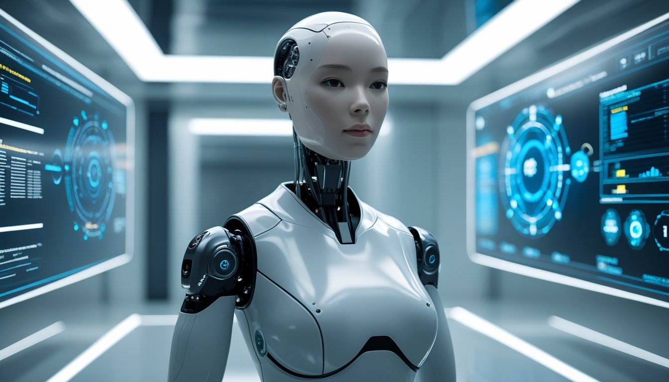 A lifelike synthetic-skin humanoid robot stands in a modern technology lab with digital holograms and advanced AI equipment around it. A lifelike synthetic-skin humanoid robot stands in a modern technology lab with digital holograms and advanced AI equipment around it.
