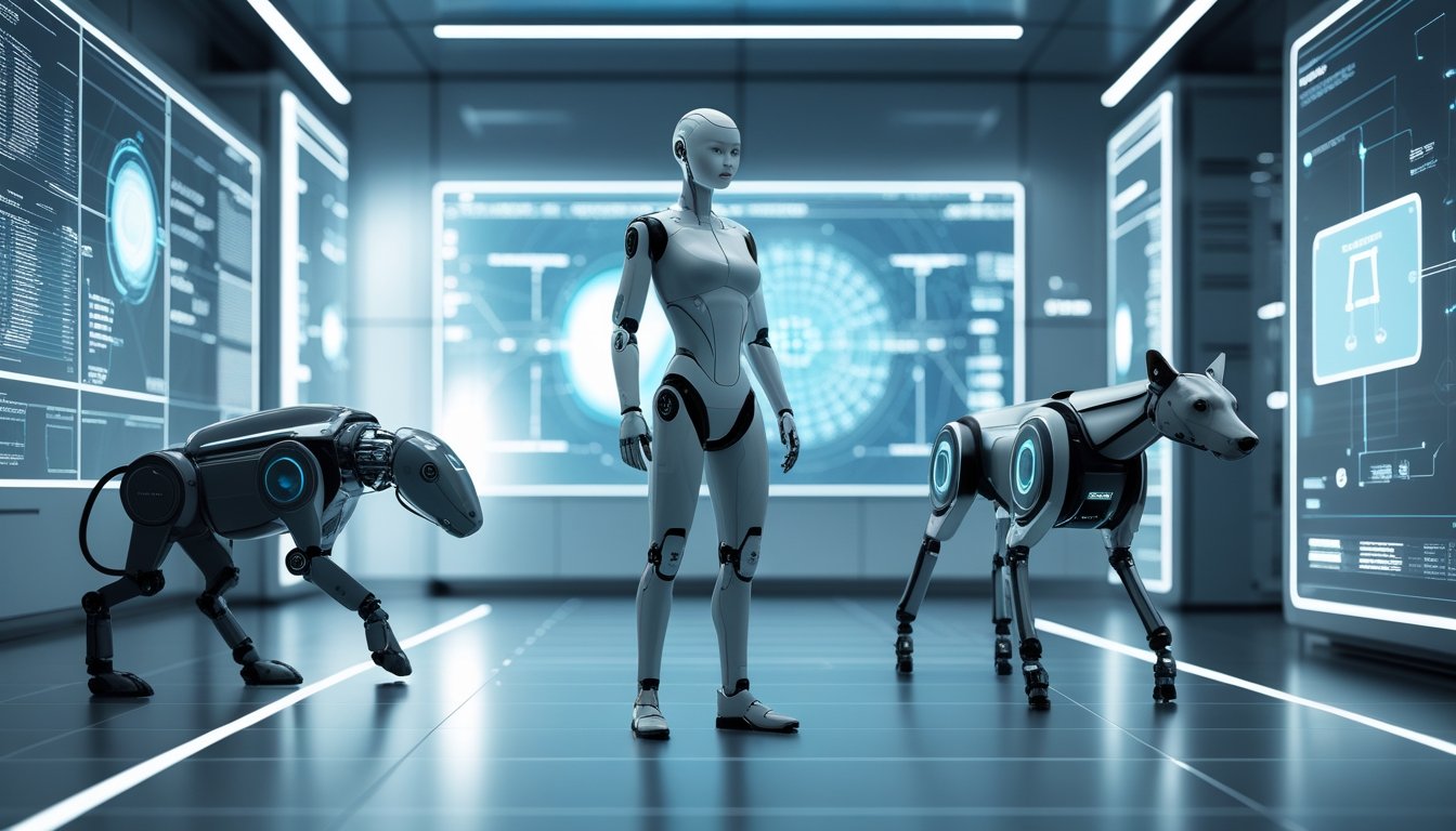 A lifelike humanoid robot and a four-legged robot in a high-tech lab with holographic displays showing AI data. A lifelike humanoid robot and a four-legged robot in a high-tech lab with holographic displays showing AI data.