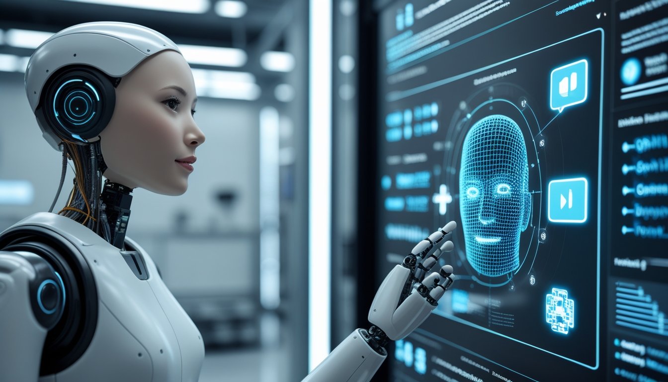 A lifelike humanoid robot with synthetic skin interacting with a futuristic digital AI interface in a modern laboratory. A lifelike humanoid robot with synthetic skin interacting with a futuristic digital AI interface in a modern laboratory.